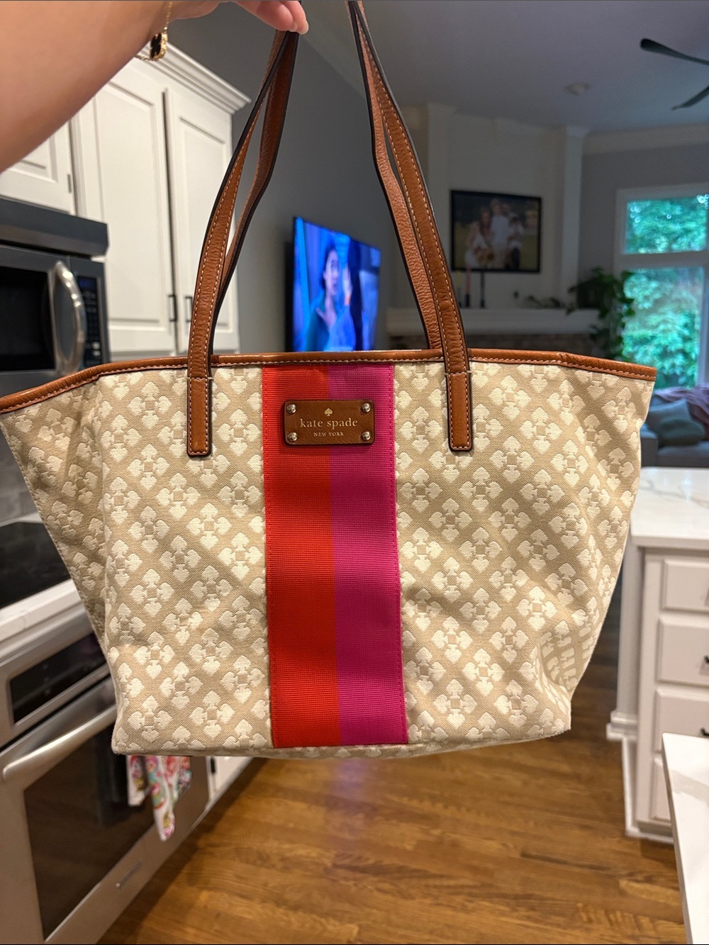kate spade Cream Tote with Pink & Red Center Stripe and Leather Trim